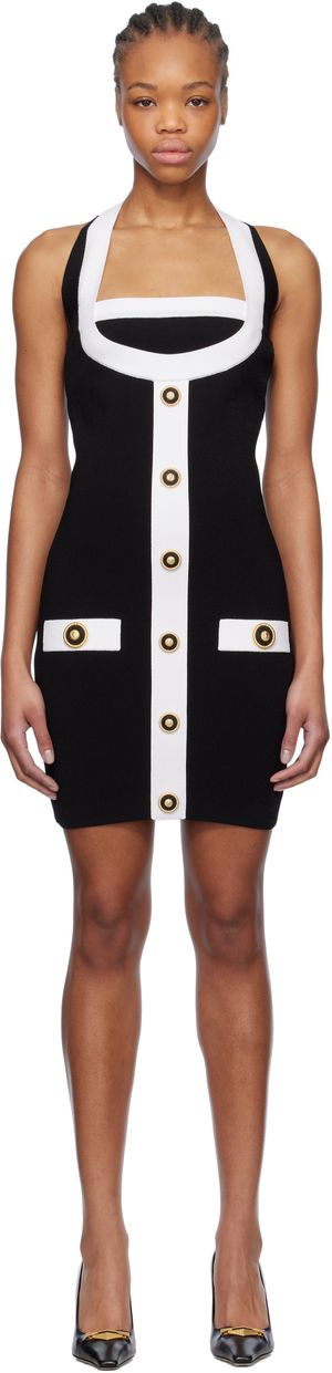 Balmain Black & White Two-Tone Halterneck Knit Minidress
