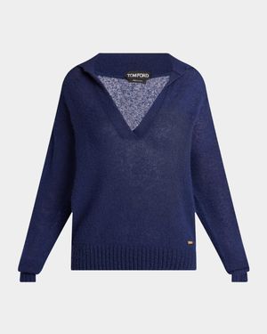 V-Neck Cashmere-Silk Oversized Polo Sweater