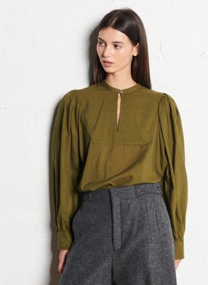Pomandere - Blouse col rond droite en coton et soie mélangé - Taille 44 - Vert