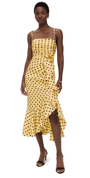 Cinq à Sept Camille Polka Dot Mireya Dress Lemon Puff/Deep Plum 10