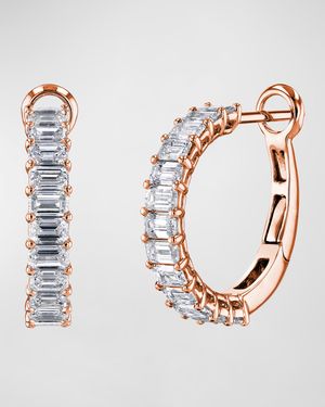 18K Gold Emerald-Cut Diamond Halfway Huggie Hoop Earrings, 3.6tcw/0.75"L