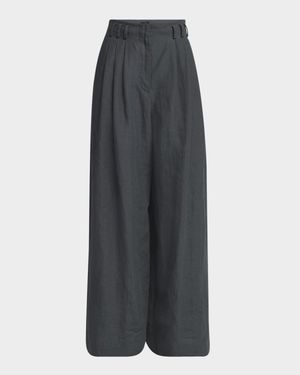Pleated Wide-Leg Linen Trousers