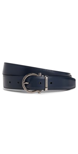 FERRAGAMO Single Gancio Reversible Paloma Leather Belt Nero/Blue Marine 105