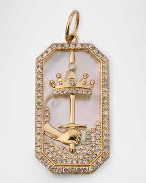 14K Yellow Gold Tarot Sword and Crown Pendant with Diamonds and MOP