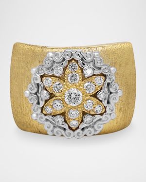 18K Yellow and White Gold Diamond Starburst Wide Band Cigar Band Ring
