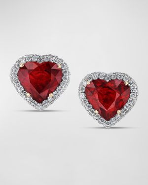 Platinum and 18K Yellow Gold Heart-Shaped Ruby and Diamond Stud Earrings, 0.45"L x 0.43"W