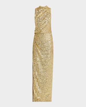 Draped Sequined Halter Column Gown