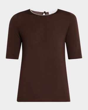 Cashmere and Silk Short-Sleeve Monili Trim Knit Top