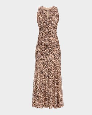 Julia Ruched Animal-Print Mesh Maxi Dress