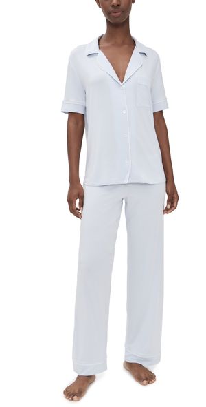 Eberjey Gisele The Short Sleeve Long Pajama Set Ice Blue/Ivory XS