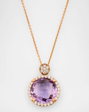 Rocks 18K Rose Gold Petite Amethyst Diamond Halo and Disc Bail Pendant Necklace