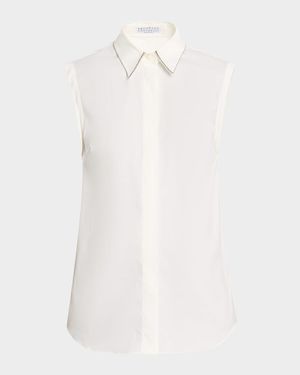 Cotton Poplin Sleeveless Top With Monili Trim