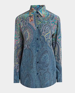 Arnica-Print Button-Down Tunic Blouse