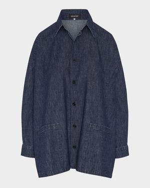 Denim Wide A-Line Shirt Jacket With Collar (Long Length)