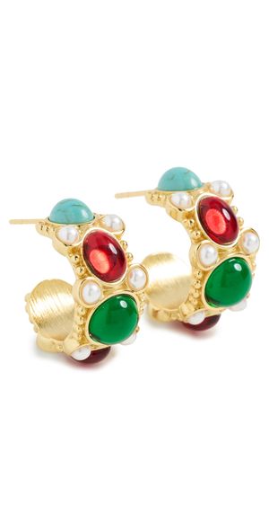Kenneth Jay Lane Pearl Hoop Pierced Earrings Gold/Multi Dark/Turquoise/Pear One Size