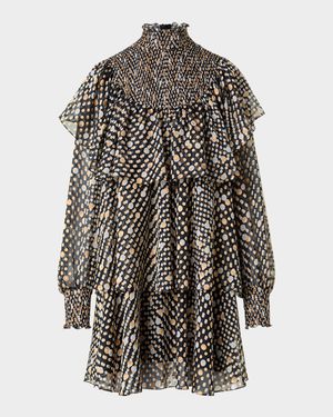 Polka Dot Devore Crepe De Chine Ruffle Mini Dress