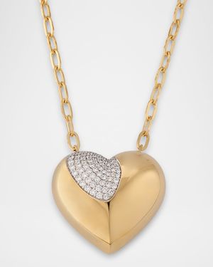 14K Yellow Gold Large Puffy Heart Necklace with Diamonds, 18"L