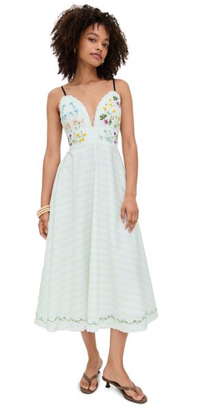 Fanm Mon Nur Dress WHITE WITH GREEN STRIPES L