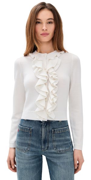 alice + olivia Dollie Ruffle Trim Cardigan Soft White S