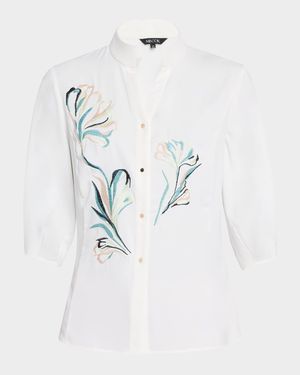 Floral-Embroidered Crepe De Chine Blouse
