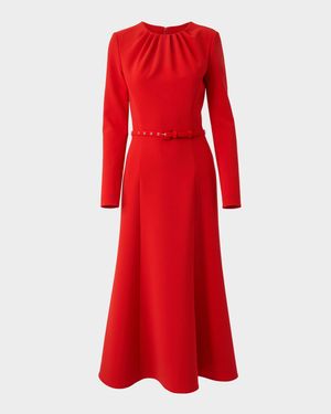 Gathered Neck Belted Long-Sleeve Midi Dress