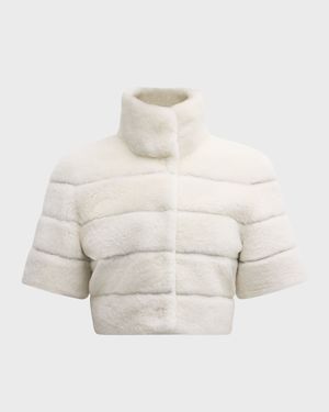 Horizontal Lamb Shearling Short-Sleeve Bolero Jacket