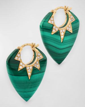 18K Yellow Gold Earrings with Malachite and GH-SI Diamonds, 25x20mm