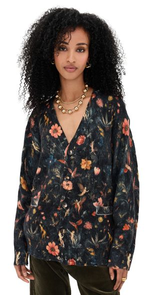 R13 Printed Boyfriend Cardigan Floral With Angels Black M