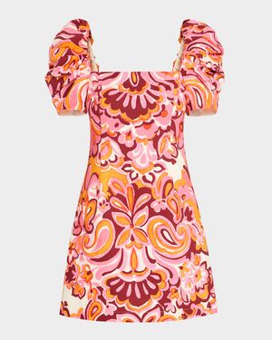 Kelly Blue Tile Print Puff-Sleeve Dress