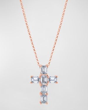 18K Gold 6-Stone Shared Prong Emerald Cut Diamond Cross Necklace, 16"L, 1.50tcw