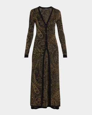 Metallic Paisley Knit V-Neck Long Cardigan