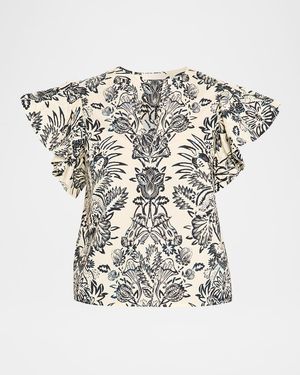 Severine Floral Flutter-Sleeve Blouse