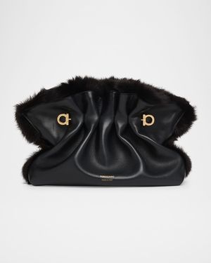 Ruched Shearling-Trim Soft Shoulder Bag