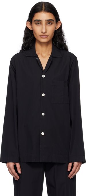 Tekla Black Poplin Long-Sleeved Pyjama Shirt