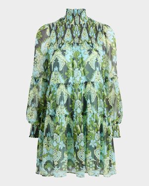 Rika Long-Sleeve Damask Mini Dress