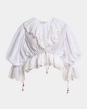 Eyelet Cotton Ruffle Crop Peasant Blouse