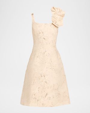 Floral Applique Metallic Jacquard Dress