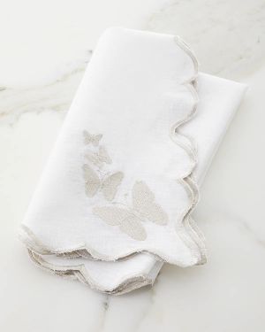 White Linen Silver Butterfly Scalloped Edged Embroidered Napkin