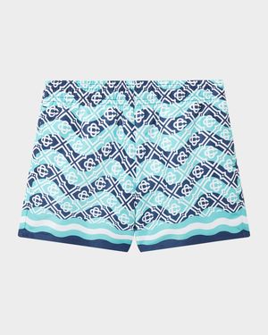 Boy's Monogram-Print Swim Shorts, Size 3T-14
