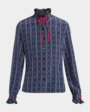 Cherry Polka-Dot Striped Crepe De Chine Shirt