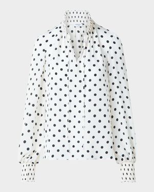Smocked Polka Dot Silk Crepe De Chine Blouse