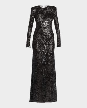Long-Sleeve Backless Sequined Gown