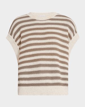 Striped Cap-Sleeve Paillette Knit Sweater
