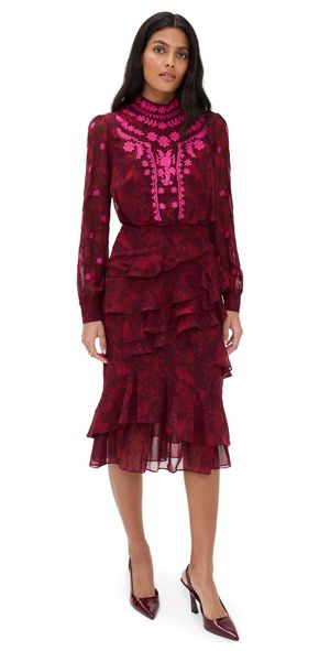 SALONI Isa Ruffle Silk Dress Astilbe Burgundy/Emb 12