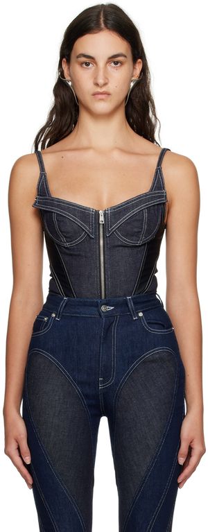 Mugler Justaucorps bleu marine et noir en denim à panneaux
