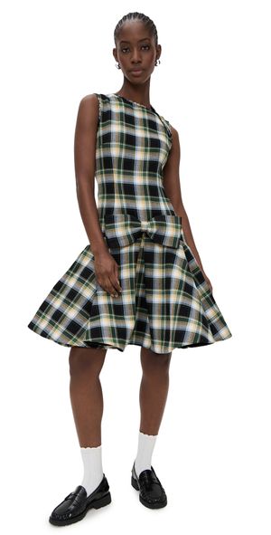 SHUSHU/TONG Asymmetric Neckline Dress Green Plaid 8