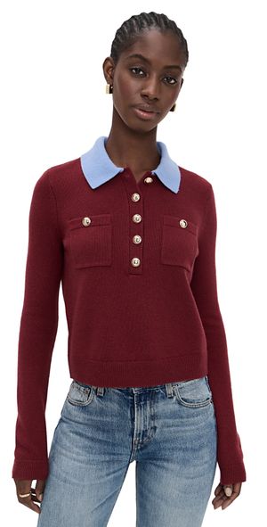 Self Portrait Burgundy Contrast Collar Knit Top Red S