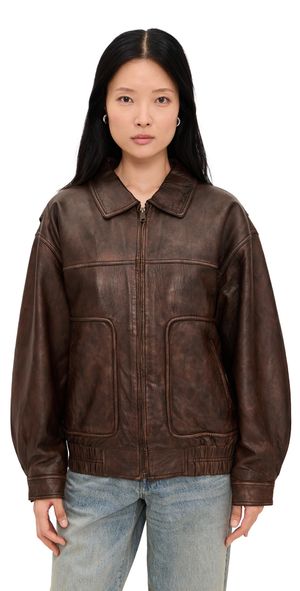 Joe's Jeans The Luca Leather Bomber Jacket Brown Distressed S