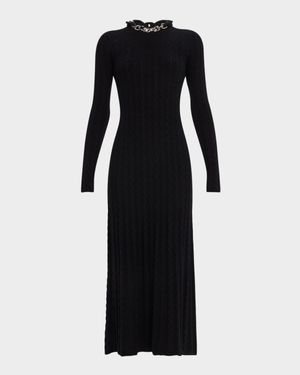 Chain Collar Long-Sleeve Wool-Cashmere Midi Sweater Dress