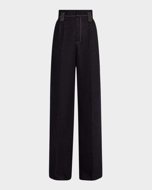 Pleated Wide-Leg Denim Pants